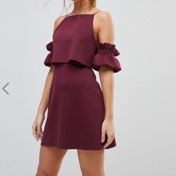 PETITE BURGUNDY BARDOT DRESS OFF SHOULDER - Picture 1 of 8